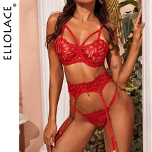 Load image into Gallery viewer, Ellolace Sexy Lingerie Underwear Set Women Underwire Bra Party Set Red Lace 3 Piece Set Transparent Lingeries Lingerie Bra Set